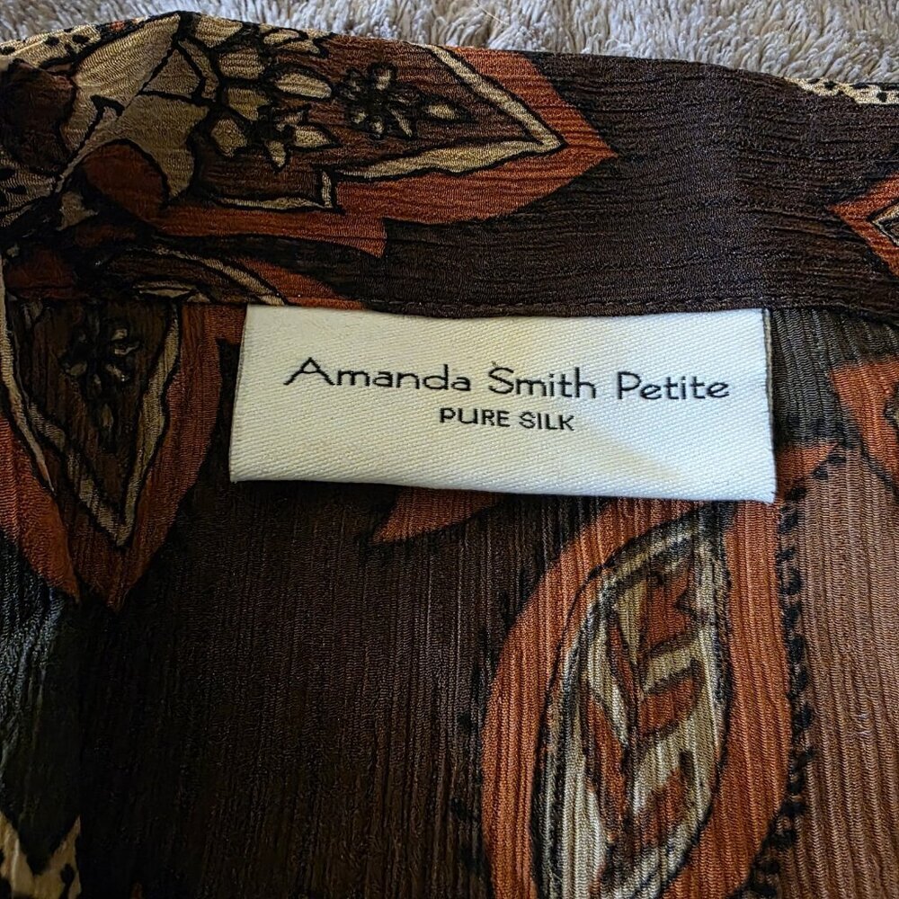 Amanda Smith Petite 100% Silk Blouse Paisley Brown Boho Earthy Coastal Grandma - Picture 6 of 14